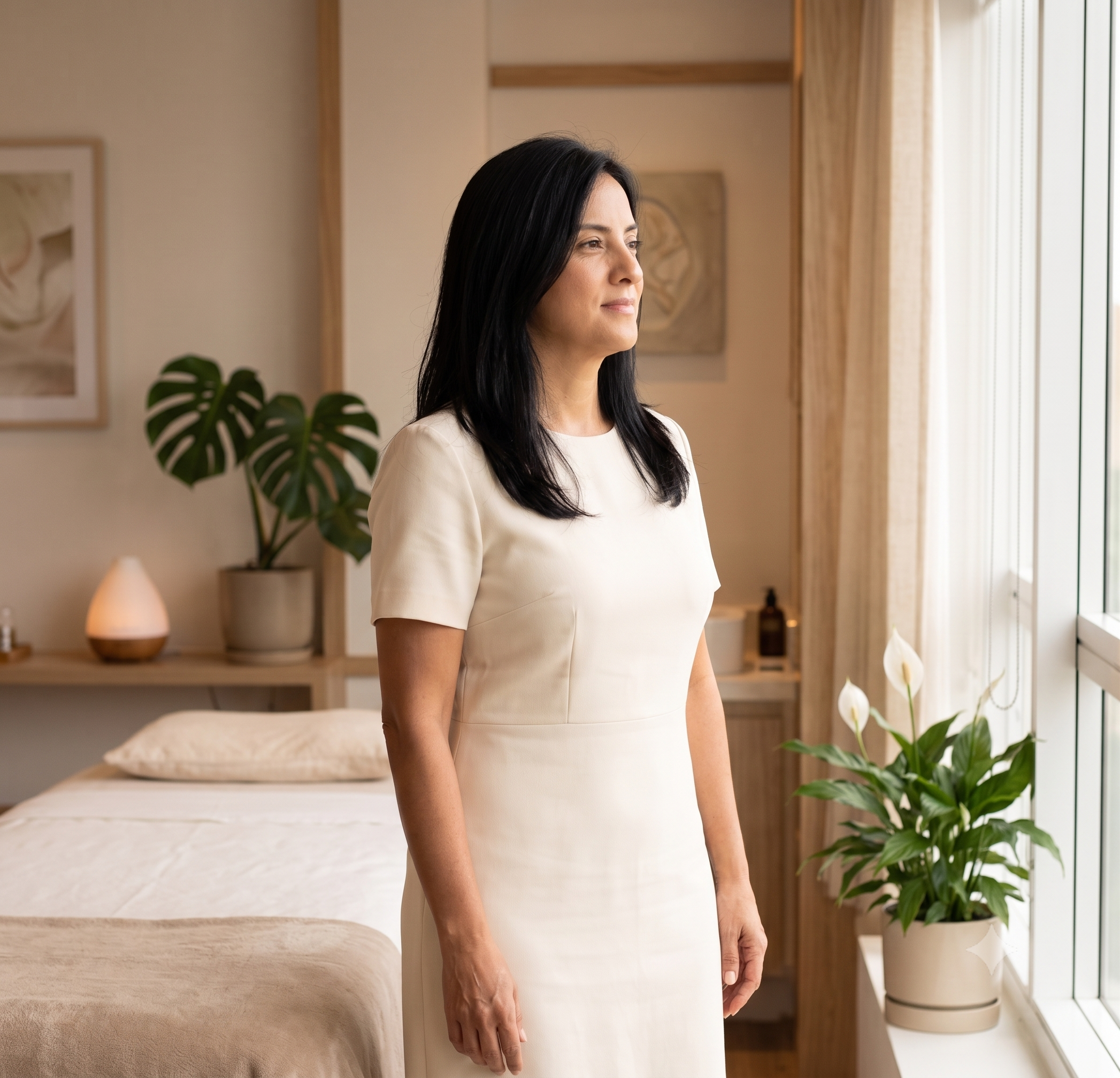 Dra. Patricia Wong refletindo em ambiente clínico acolhedor e iluminado